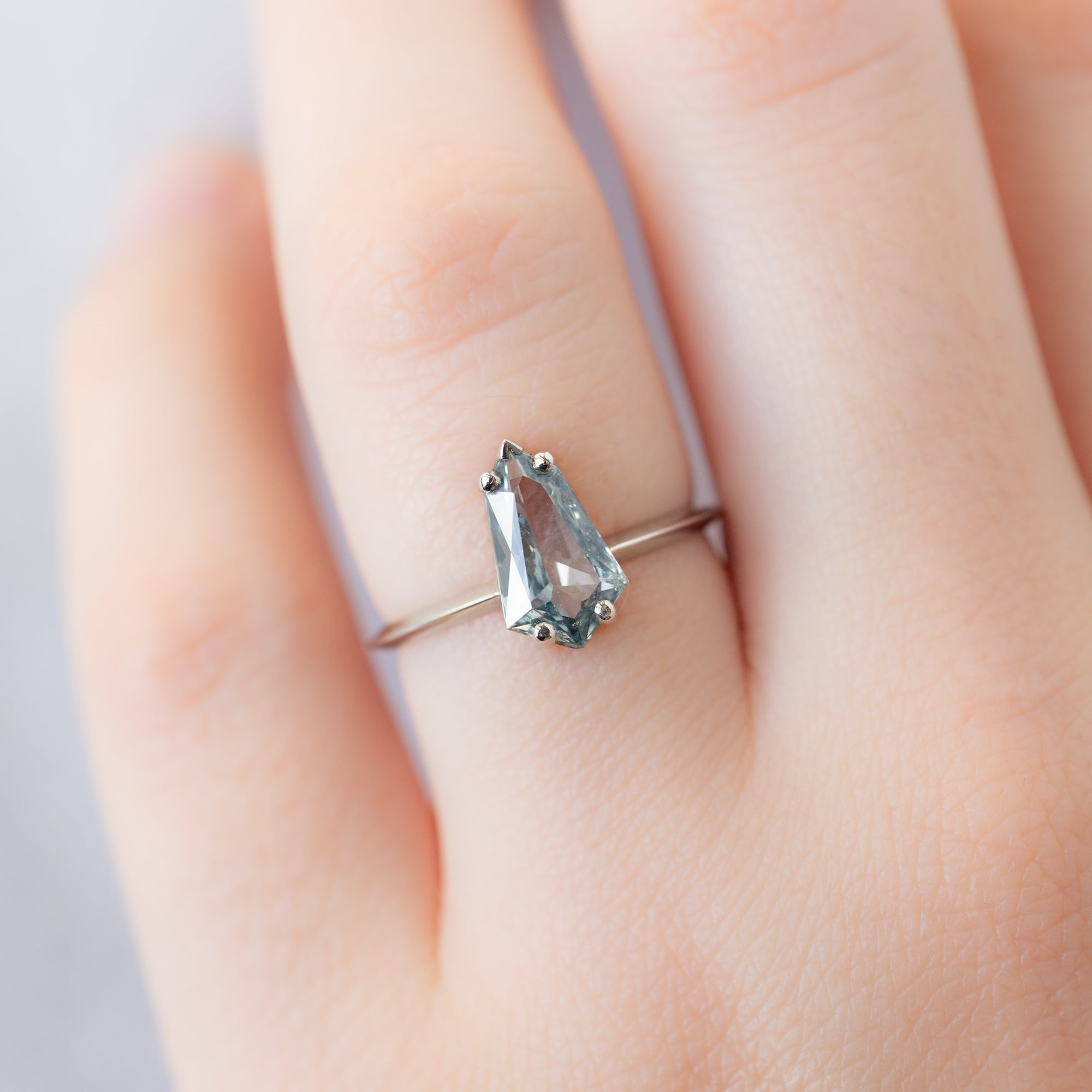 The Sage Ring with a 1.44ct Geometric Blue Sapphire in 14K White Gold on Model