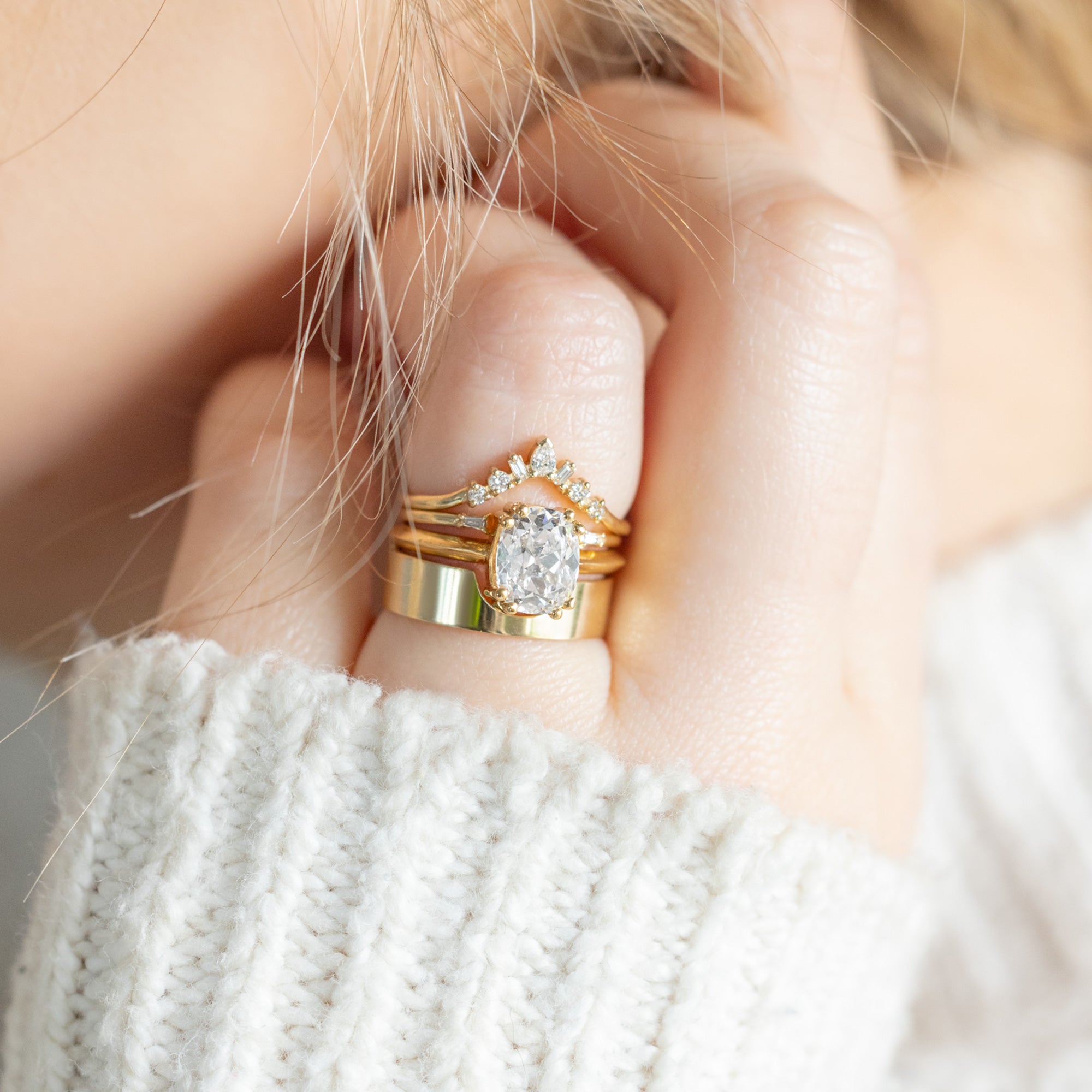 buy:geometric-white-diamond-sunburst-stacking-band-14k-or-18k-yellow-gold,open-cuff-baguette-white-diamond-stacking-band-14k-or-18k-yellow-gold,the-bryn-ring-2-05ct-old-mine-cut-lab-grown-diamond-in-18k-yellow-gold,the-unisex-gold-wedding-band-arc-cut-out-in-14k-rose-gold