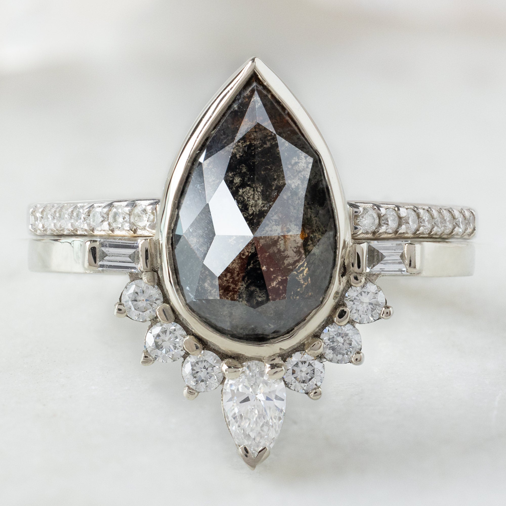 The Posy Luxe with a 2ct Rose Cut Black Diamond in 18K White Gold Stacked with the Open Cuff White PAvé Diamond Stacking Band