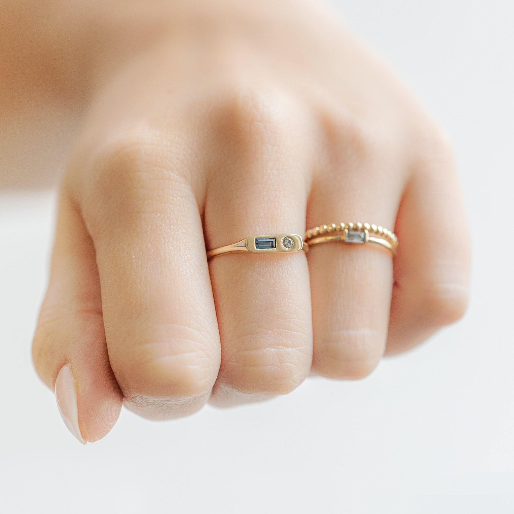 buy:the-asymmetrical-sapphire-diamond-signet-ring-10k-yellow-gold,the-gold-beaded-stacking-ring-14k-yellow-gold,the-baguette-salt-and-pepper-diamond-line-ring-10k-rose-gold