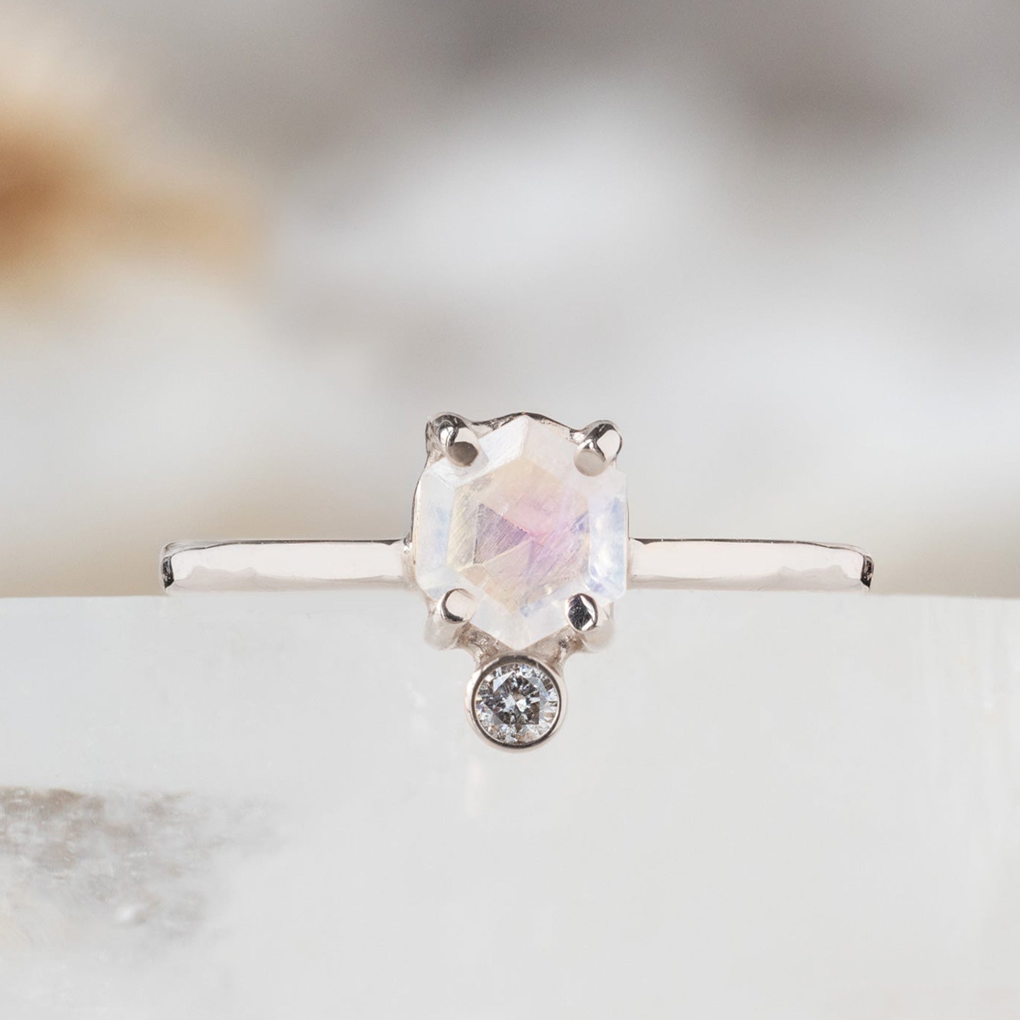 The Hexagon Moonstone + Diamond Ring | Yellow, Rose or Sterling Silver