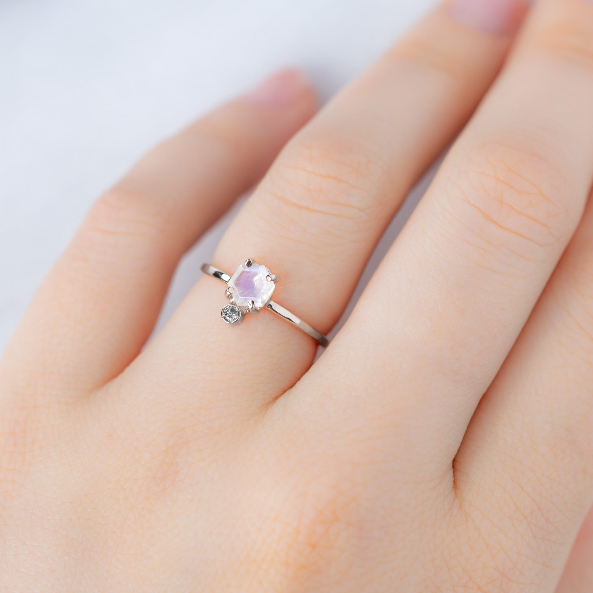 The Hexagon Moonstone + Diamond Ring | Yellow, Rose or Sterling Silver