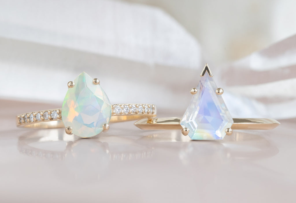 Yellow Gold Moonstone and Opal Engagement Rings