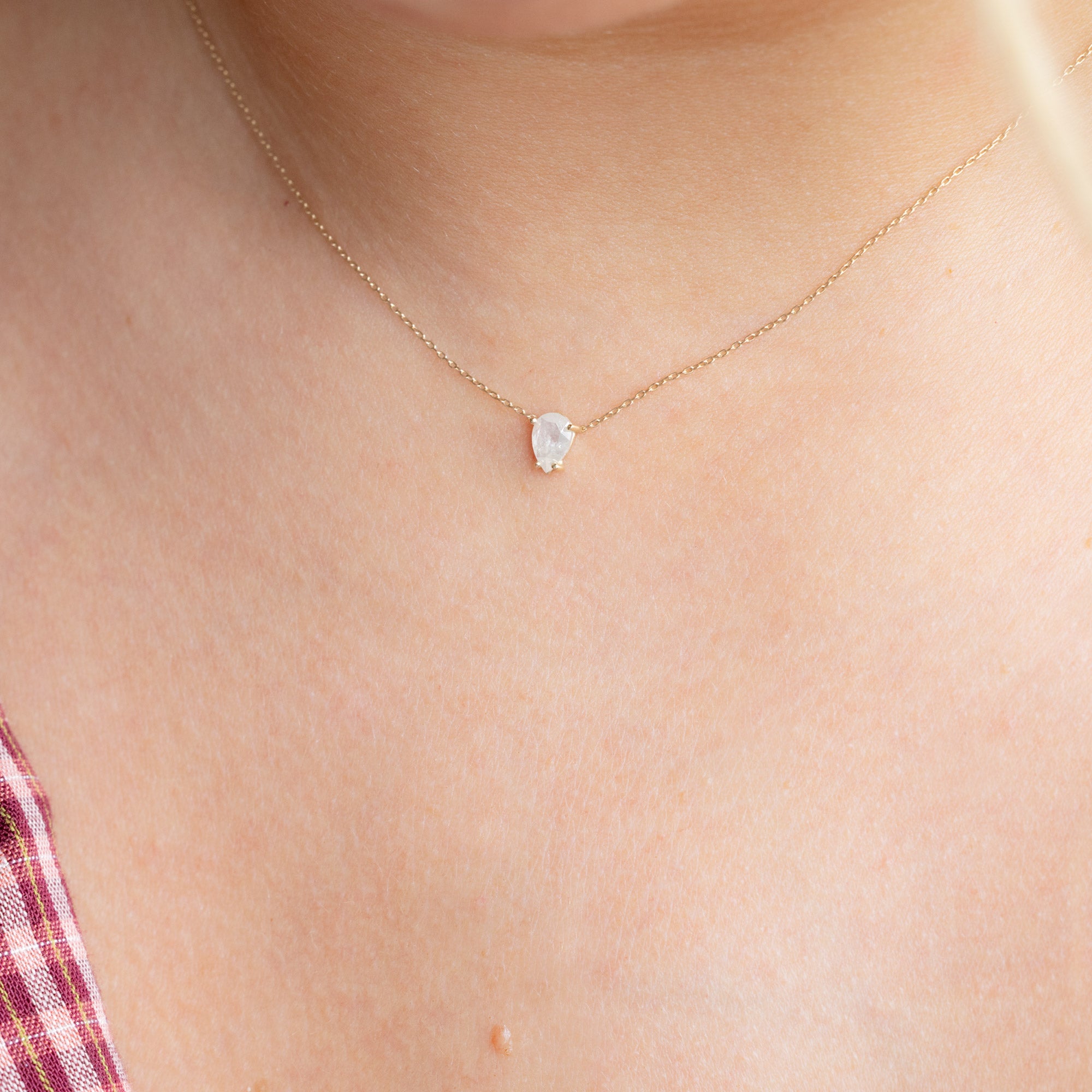One of a Kind Icy-White Diamond Pear Necklace in Yellow Gold on Model