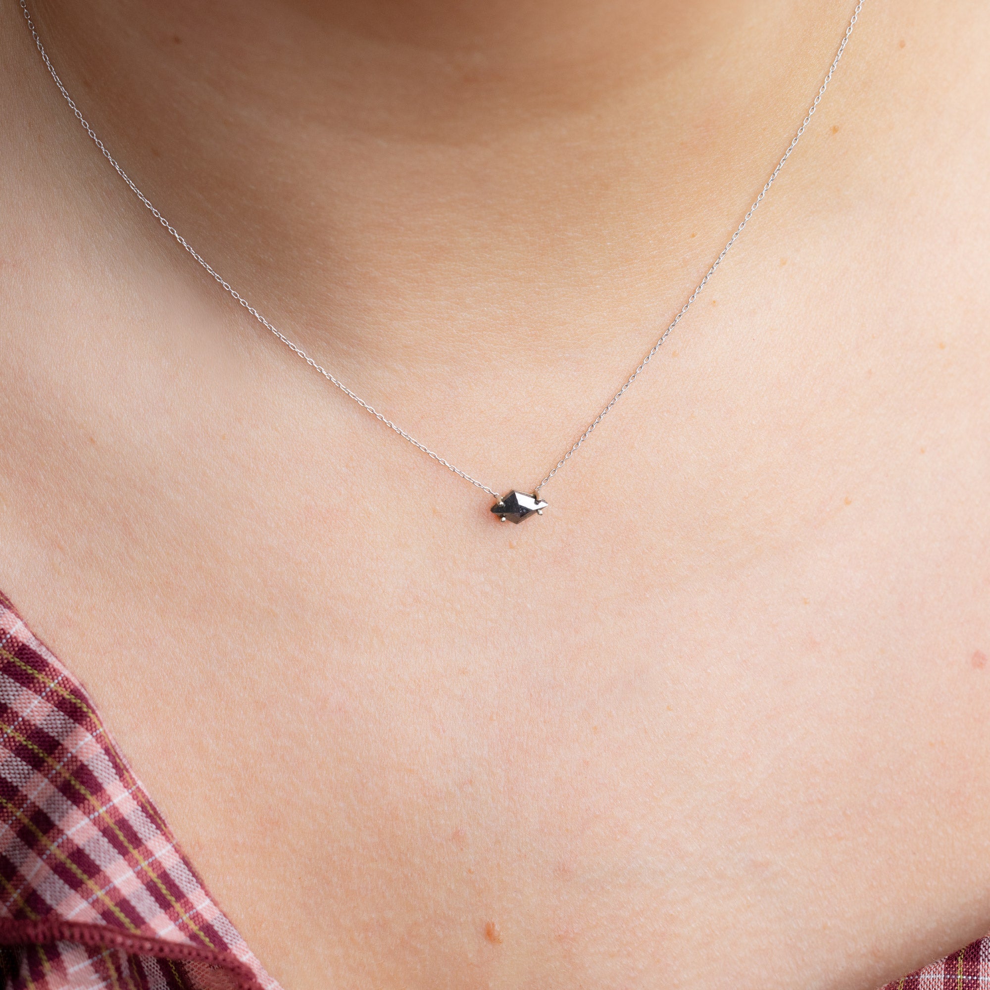 One of a Kind Black Diamond Kite Necklace in White Gold on Model