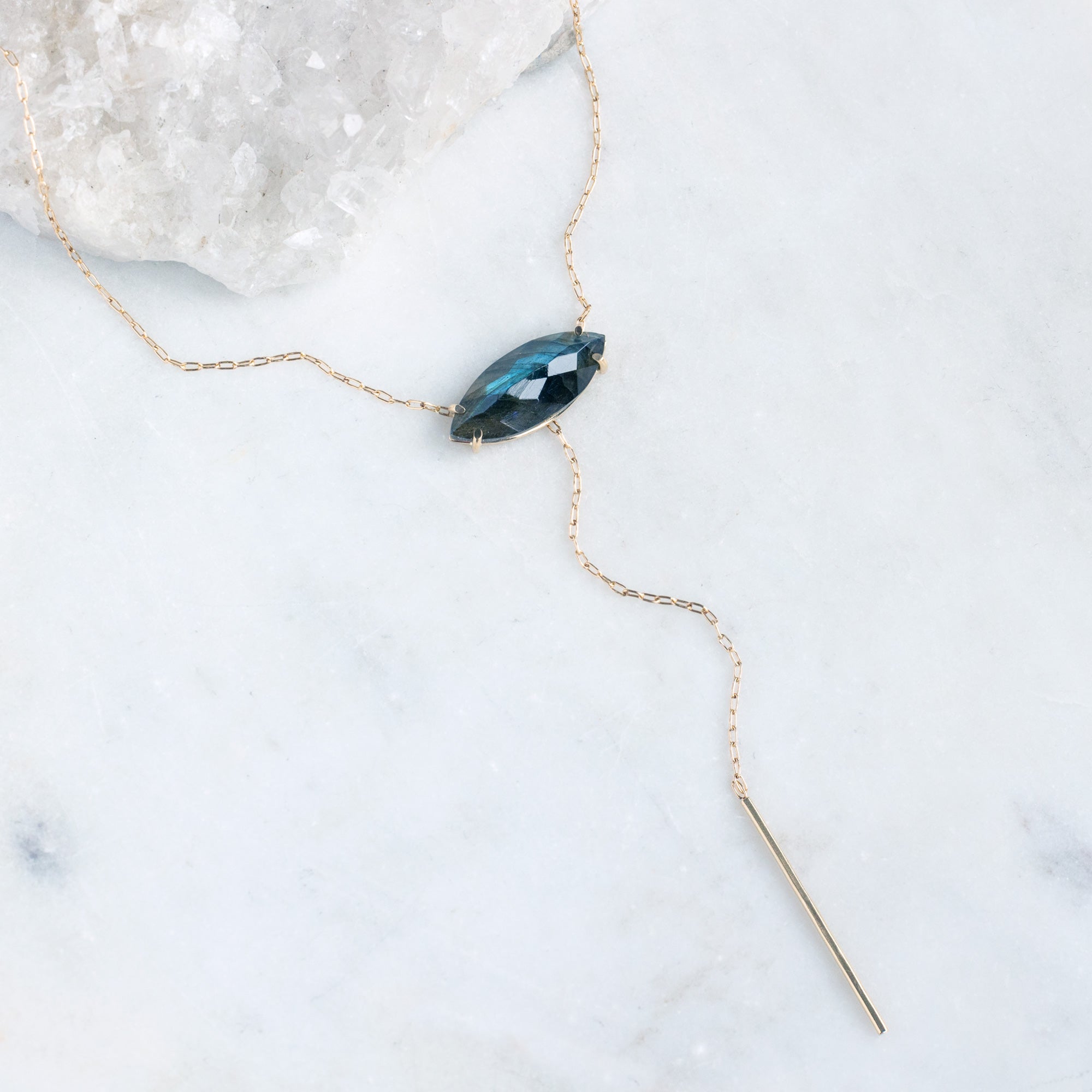 The Labradorite Marquise Lariat Necklace | Yellow, Rose or Sterling Silver