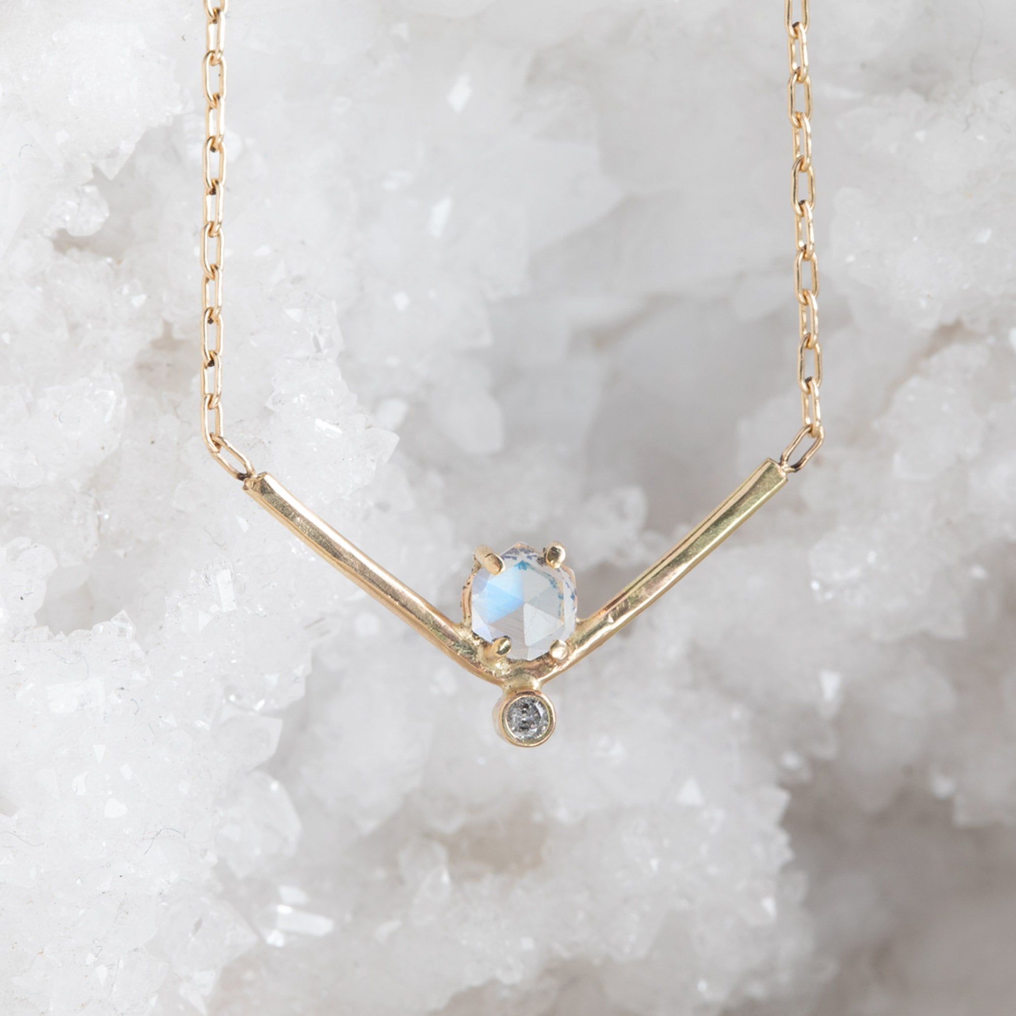 The Hexagon Moonstone + Diamond Necklace | Yellow, Rose or Sterling Silver
