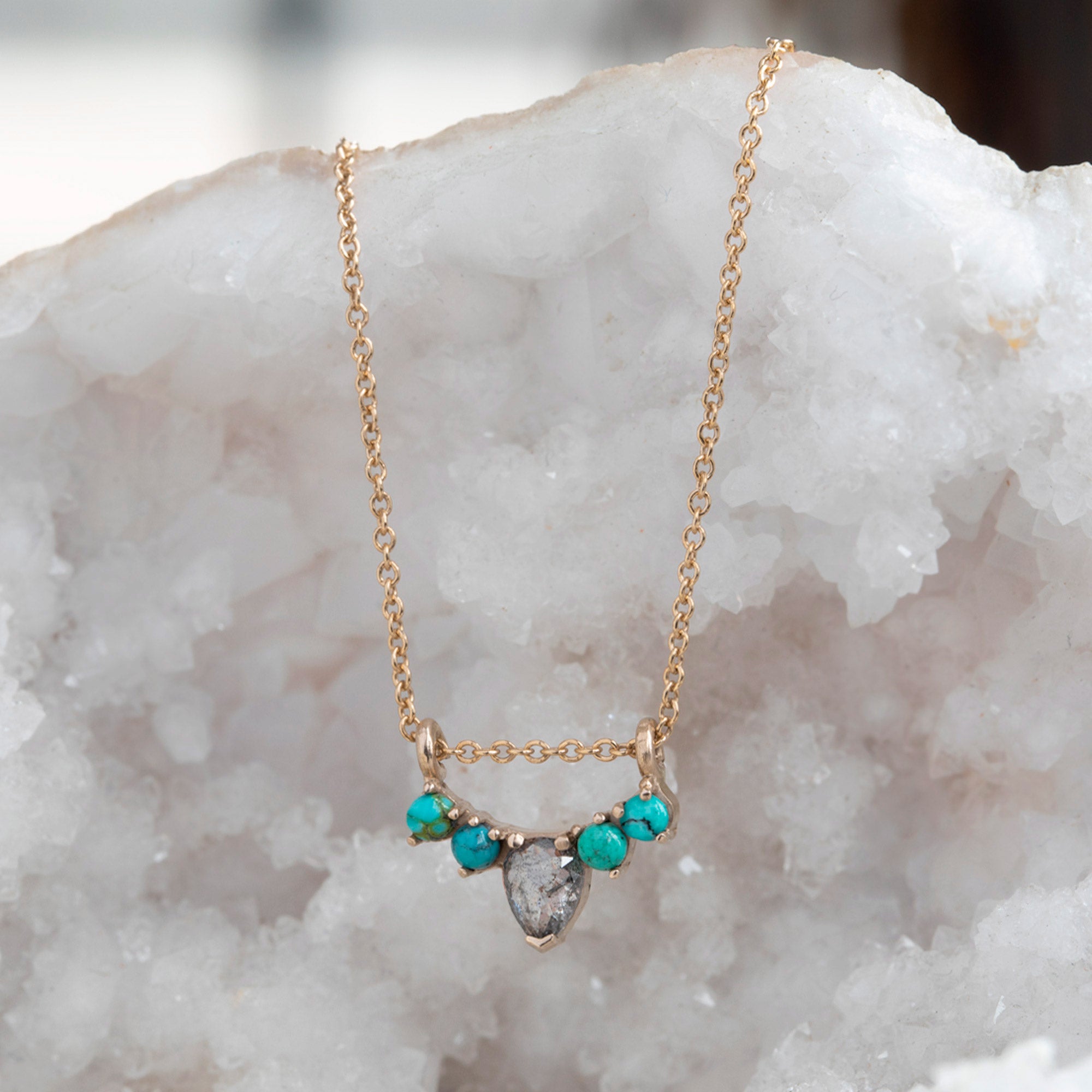 The Turquoise + Diamond Sunburst Necklace | Yellow, Rose or White Gold