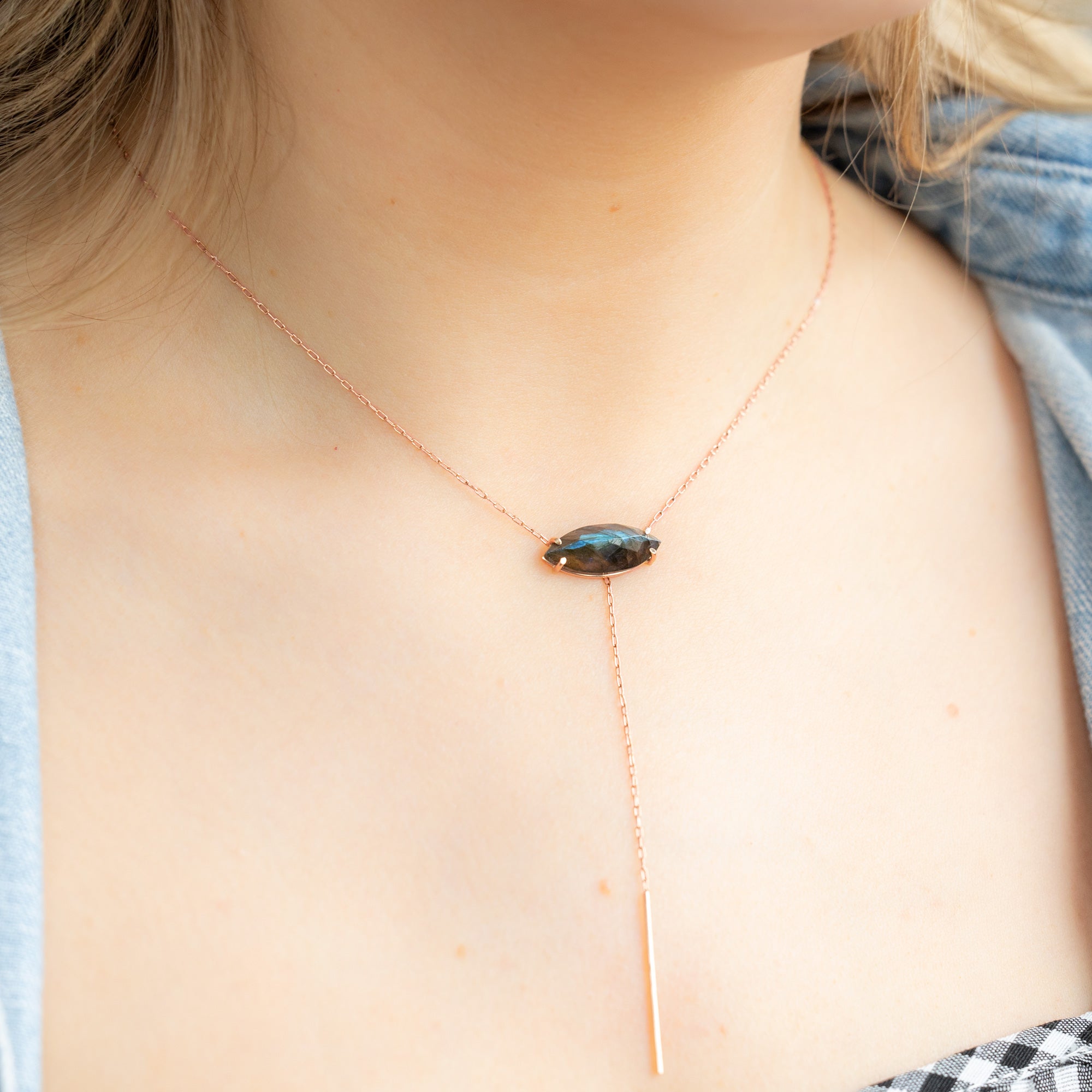 The Labradorite Marquise Lariat Necklace | Yellow, Rose or Sterling Silver