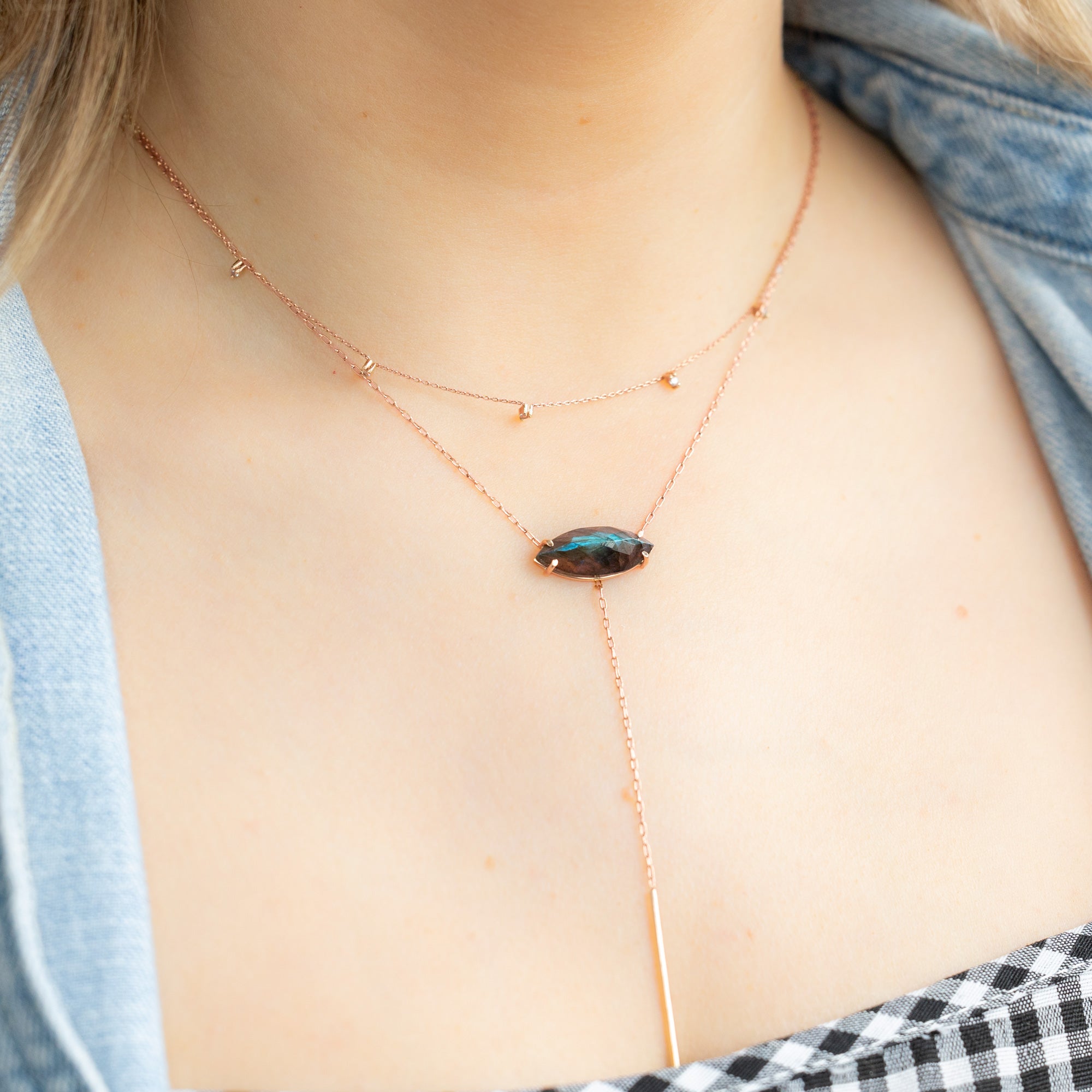 The Labradorite Marquise Lariat Necklace | Yellow, Rose or Sterling Silver