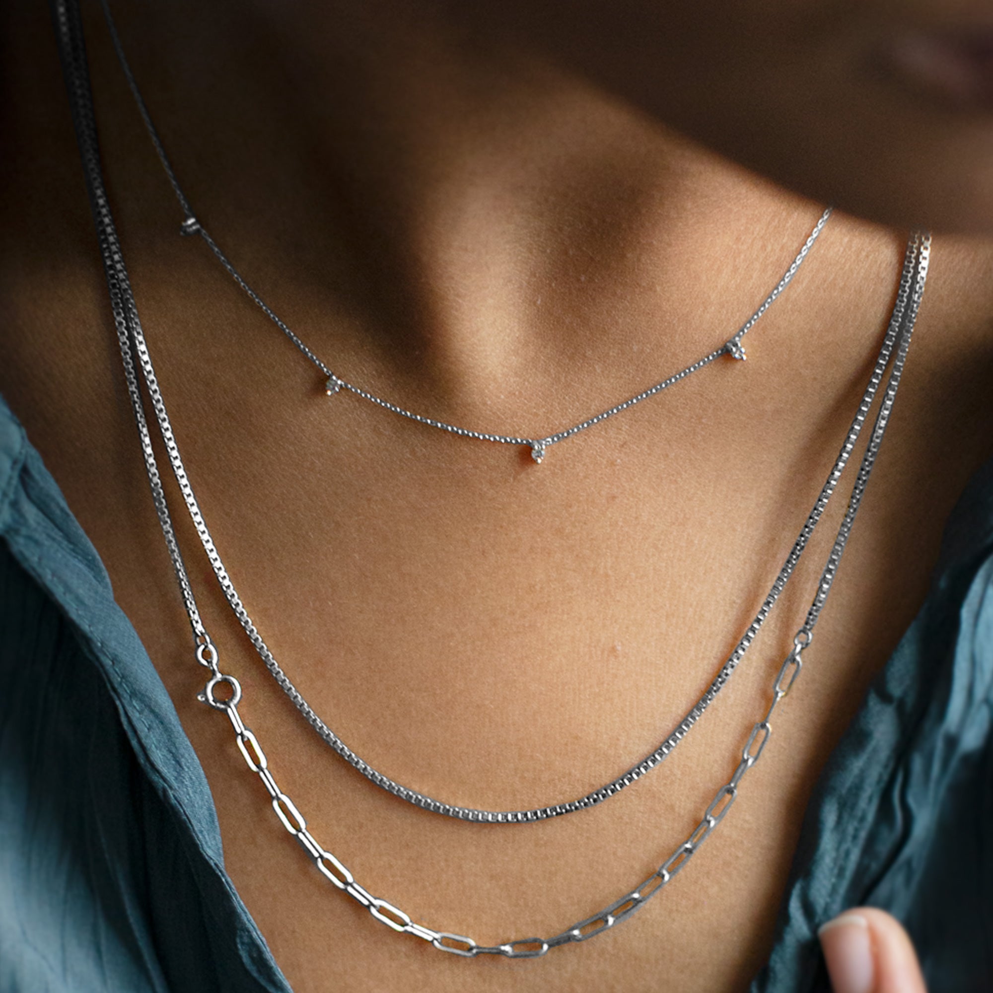 The 4-in-1 Cable Chain Necklace in 14K White Gold Stacked on Model