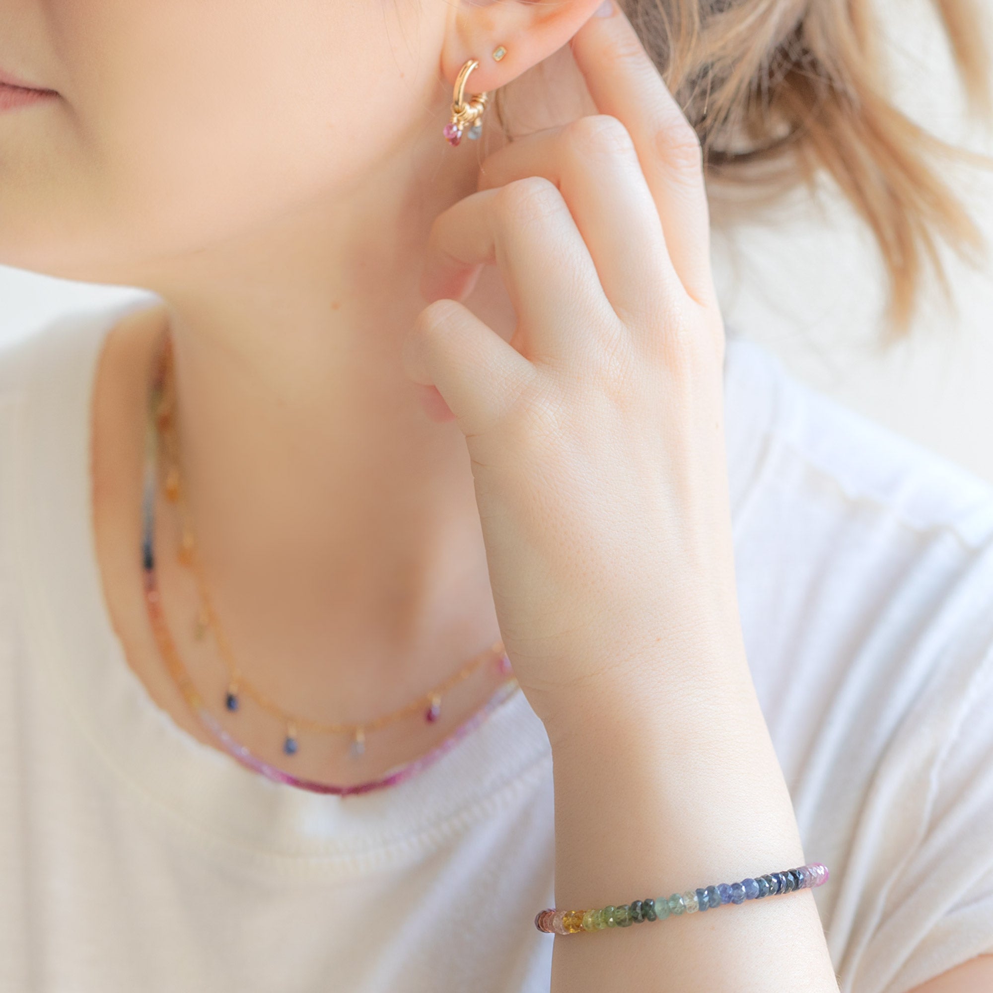 buy:the-rainbow-sapphire-beaded-necklace-gold-filled,the-rainbow-sapphire-briolette-necklace-gold-filled,the-rainbow-sapphire-hoop-earrings-gold-filled,the-white-diamond-baguette-stud-earrings-14k-yellow-gold