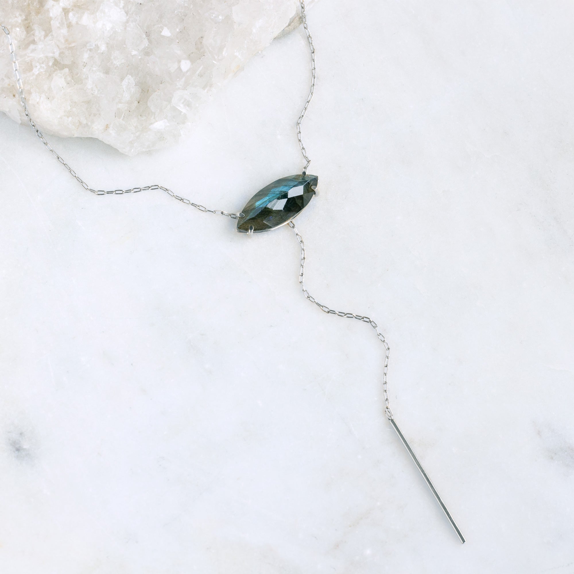 The Labradorite Marquise Lariat Necklace | Yellow, Rose or Sterling Silver