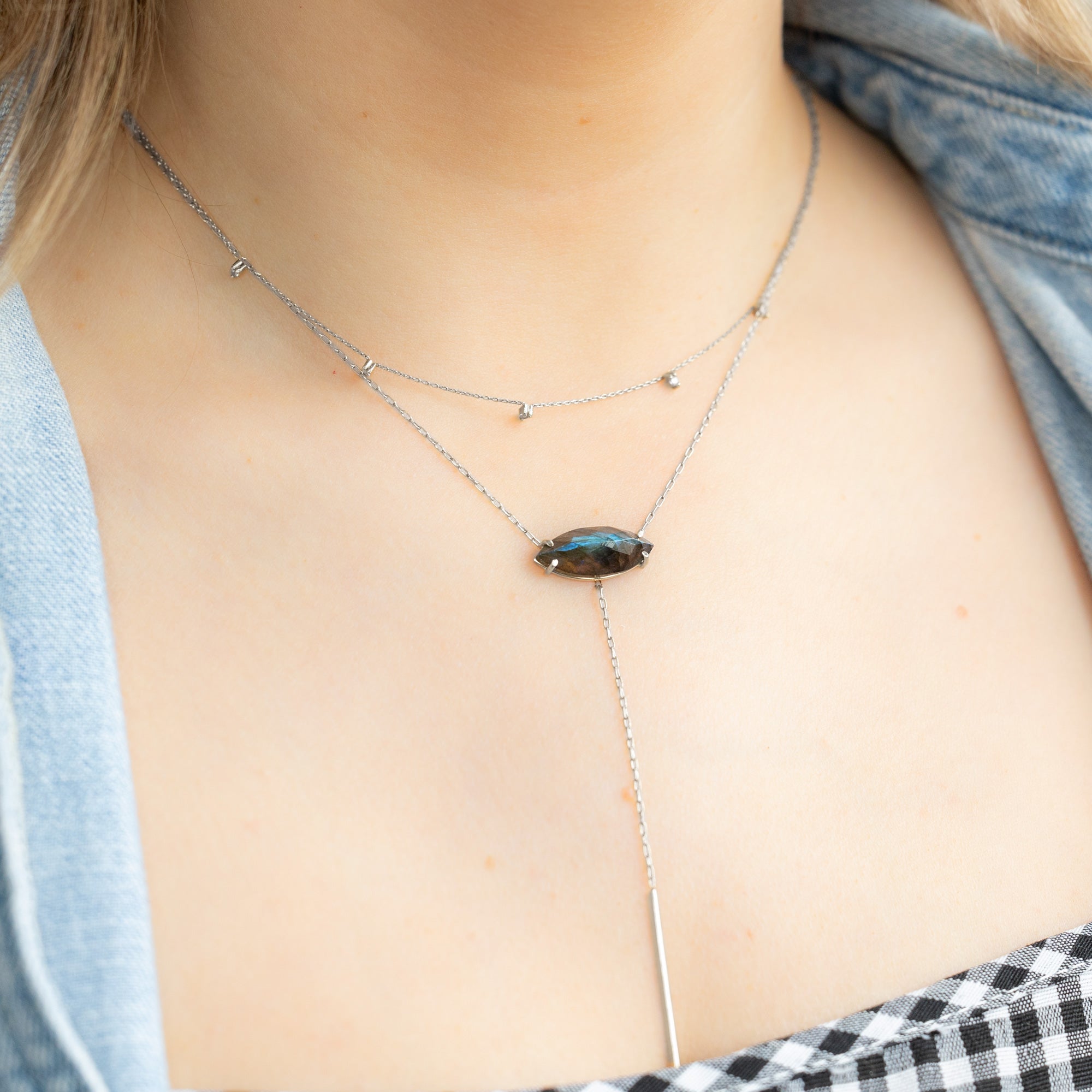 The Labradorite Marquise Lariat Necklace | Yellow, Rose or Sterling Silver
