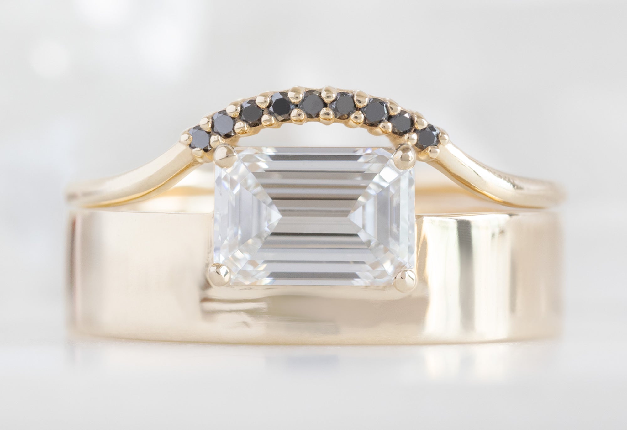 One of a Kind Cigar Band with an Emerald-Cut Lab Grown Diamond with Black Pavé Diamond Arc Stacking Band