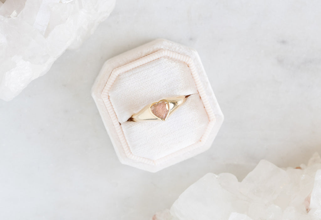Sweetheart Sunstone Signet Ring in Blush Pink Ring Box