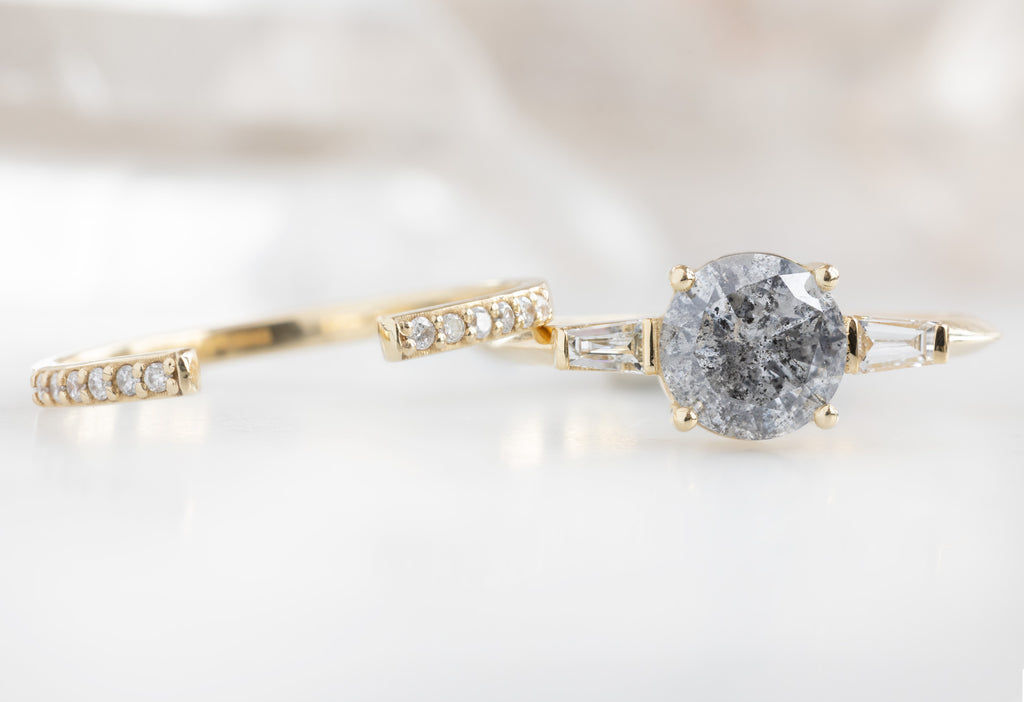 The Ash Ring with a Round Salt and Pepper Diamond with Open Cuff Pavé Diamond Stacking Band