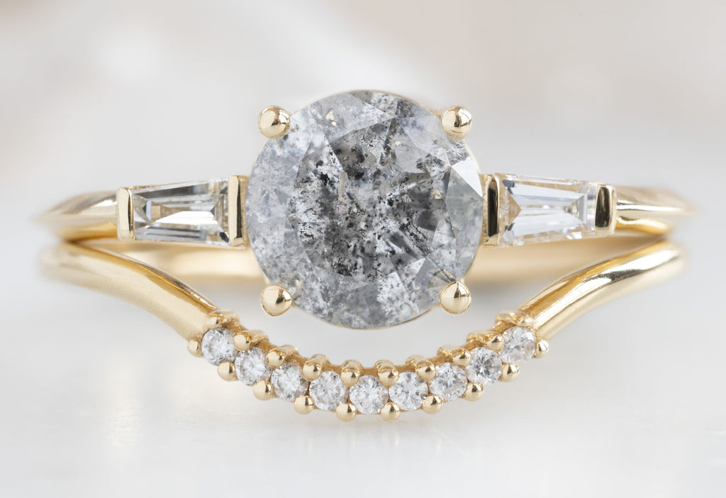The Ash Ring with a Round Salt and Pepper Diamond with Pavé Arc Stacking Band
