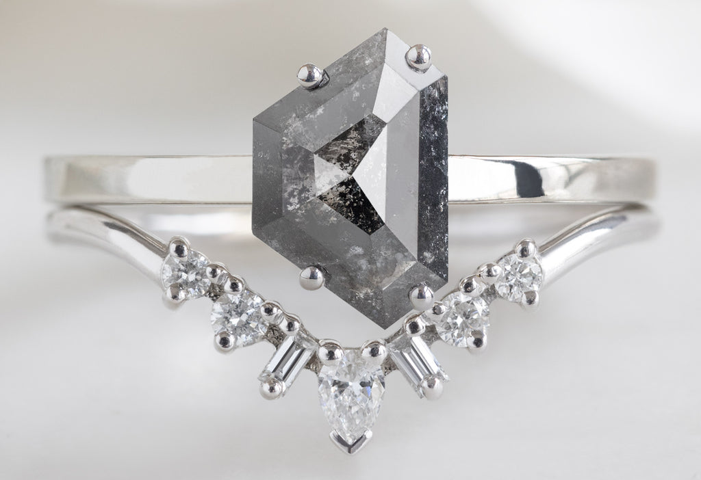 The Bryn Ring with a Geometric Black Diamond with Geometric Diamond Sunburst Stacking Band