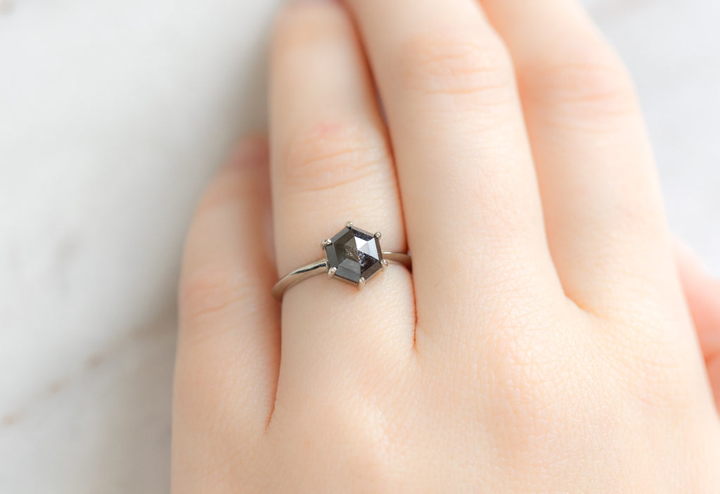 The Bryn Ring with a Black Hexagon Diamond on Model