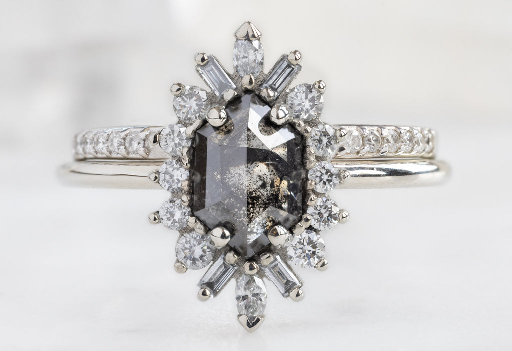 The Camellia Ring with a Black Hexagon Diamond with Open Cuff Pavé Diamond Stacking Band