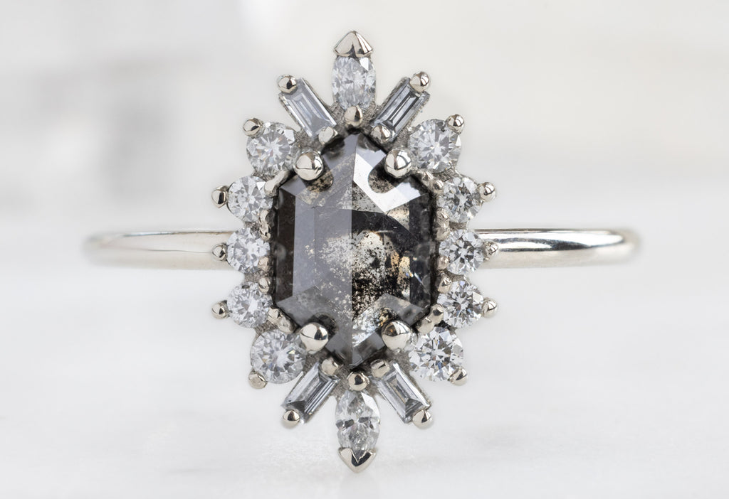 The Camellia Ring with a Black Hexagon Diamond