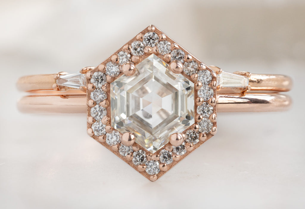 The Dahlia Ring with a Pink Hexagon Diamond with Open Cuff Baguette Diamond Stacking Band