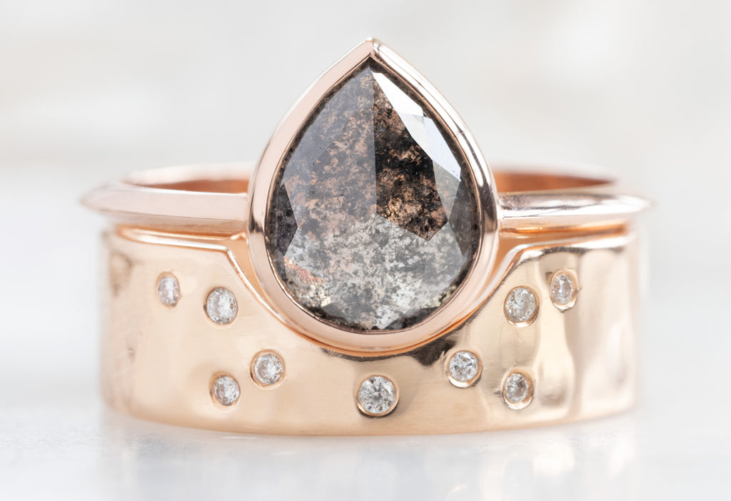 The Hazel Ring with a Rose-Cut Black Diamond with Constellation Cut-Out Stacking Band