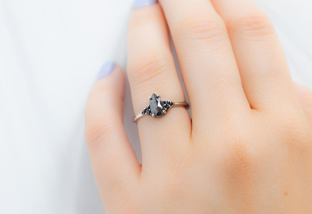 The Ivy Ring with a Rose-Cut Black Diamond on Model