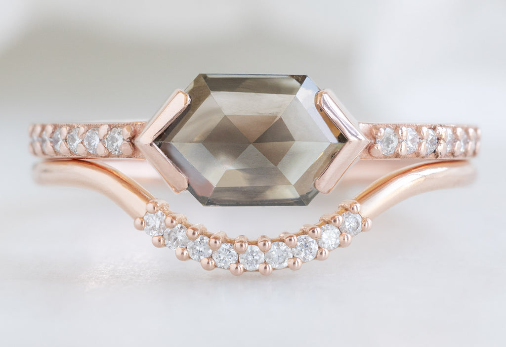 The Willow Ring with a Hexagonal Diamond with Pavé Arc Stacking Band