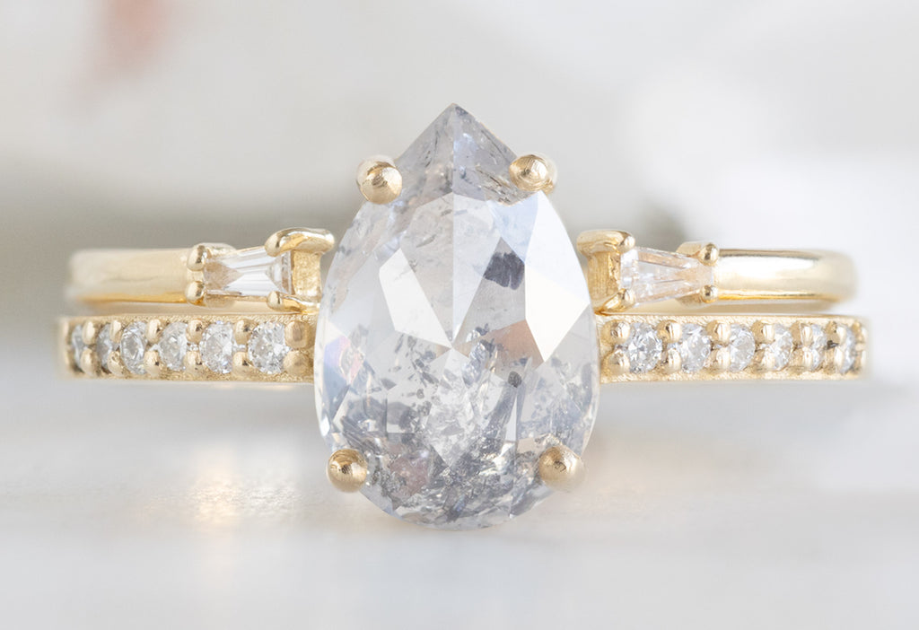 The Willow Ring with a Rose-Cut Icy White Diamond with Open Cuff Baguette Stacking Band