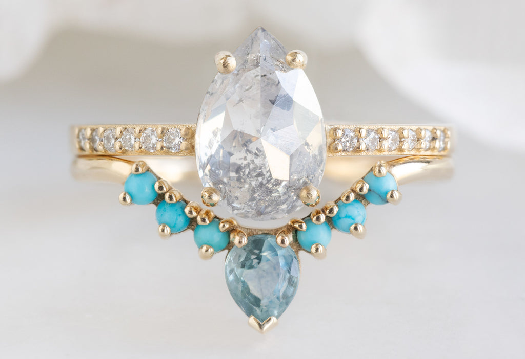 The Willow Ring with a Rose-Cut Icy White Diamond with Turquoise and Sapphire Sunburst Stacking Band