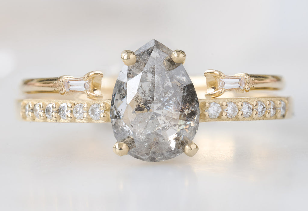 The Willow Ring with a Rose-Cut Salt and Pepper Diamond with Open Cuff Stacking Band