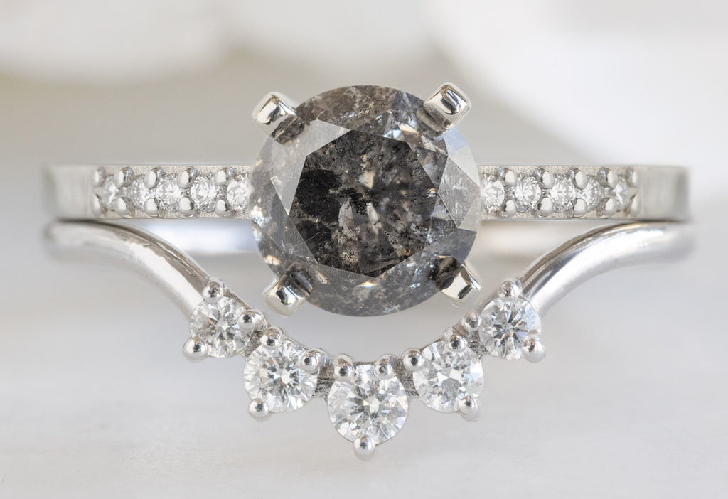 The Willow Ring with a Round Salt and Pepper Diamond with Round Diamond Sunburst Stacking Band