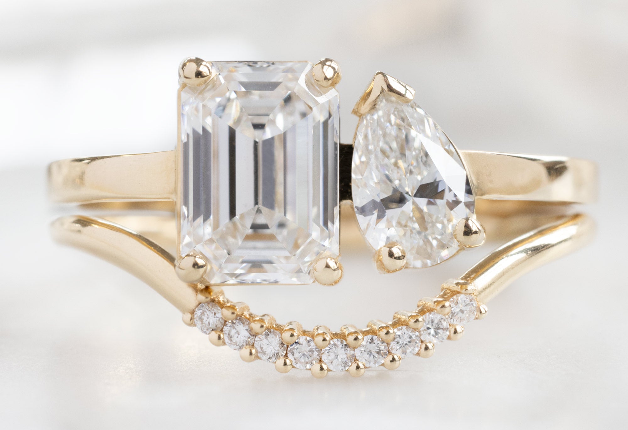 The You & Me Ring with an Emerald-Cut Lab Grown + White Diamond with Pave Arc Stacking Band