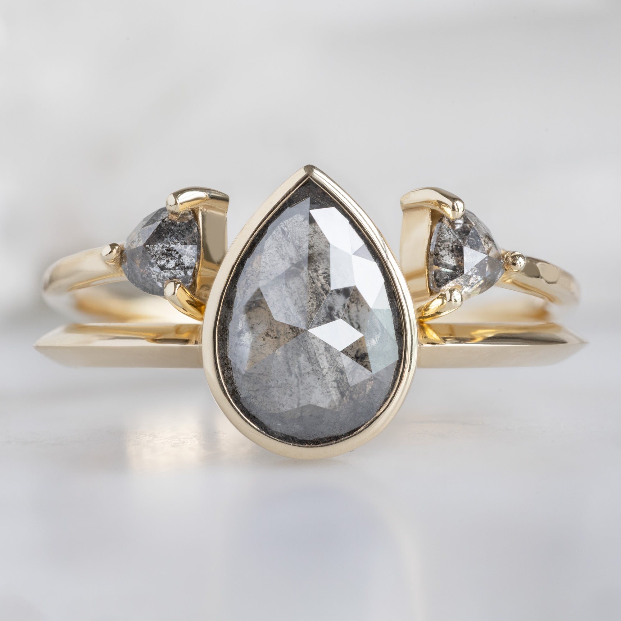 Open Cuff Salt and Pepper Diamond Trillion Stacking Band in Yellow Gold Stacked with Salt and Pepper Pear Diamond Engagement Ring