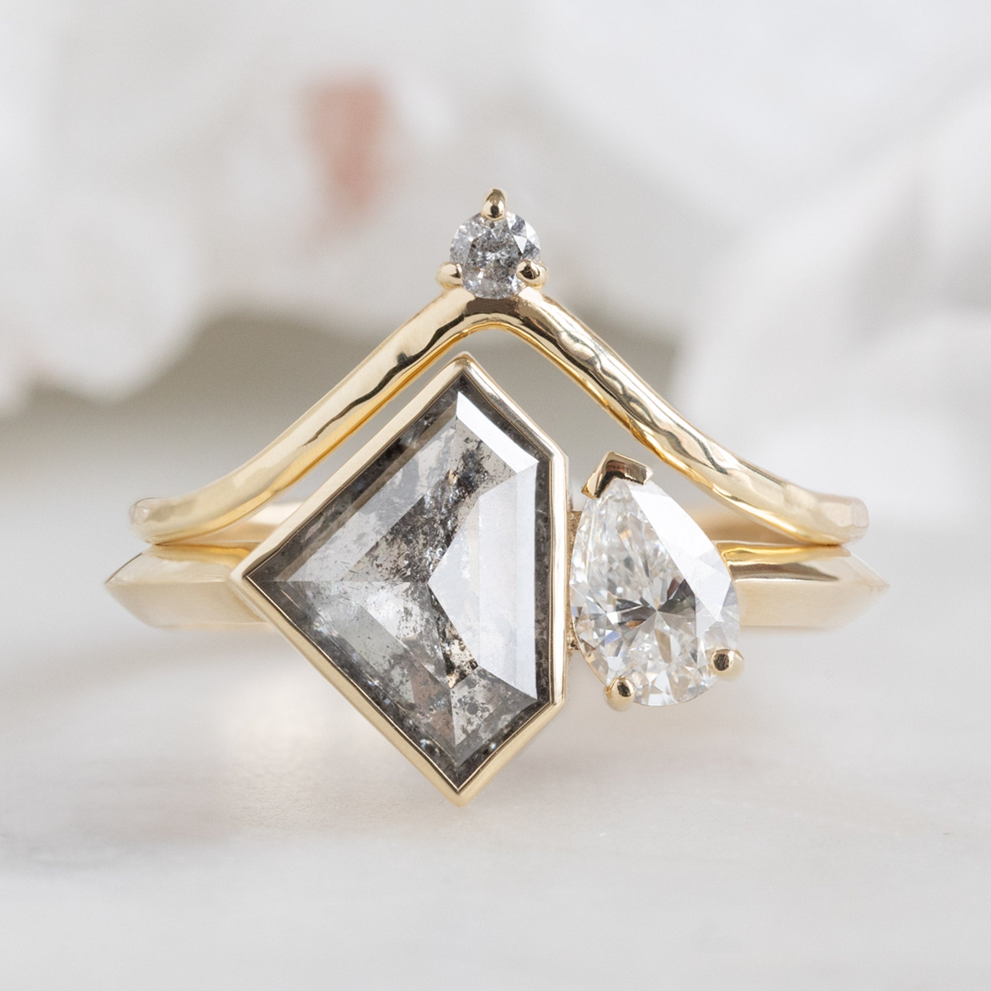 Salt and Pepper Diamond Crown Stacking Band in 14K Yellow Gold Stacked with a Diamond You and Me Engagement Ring