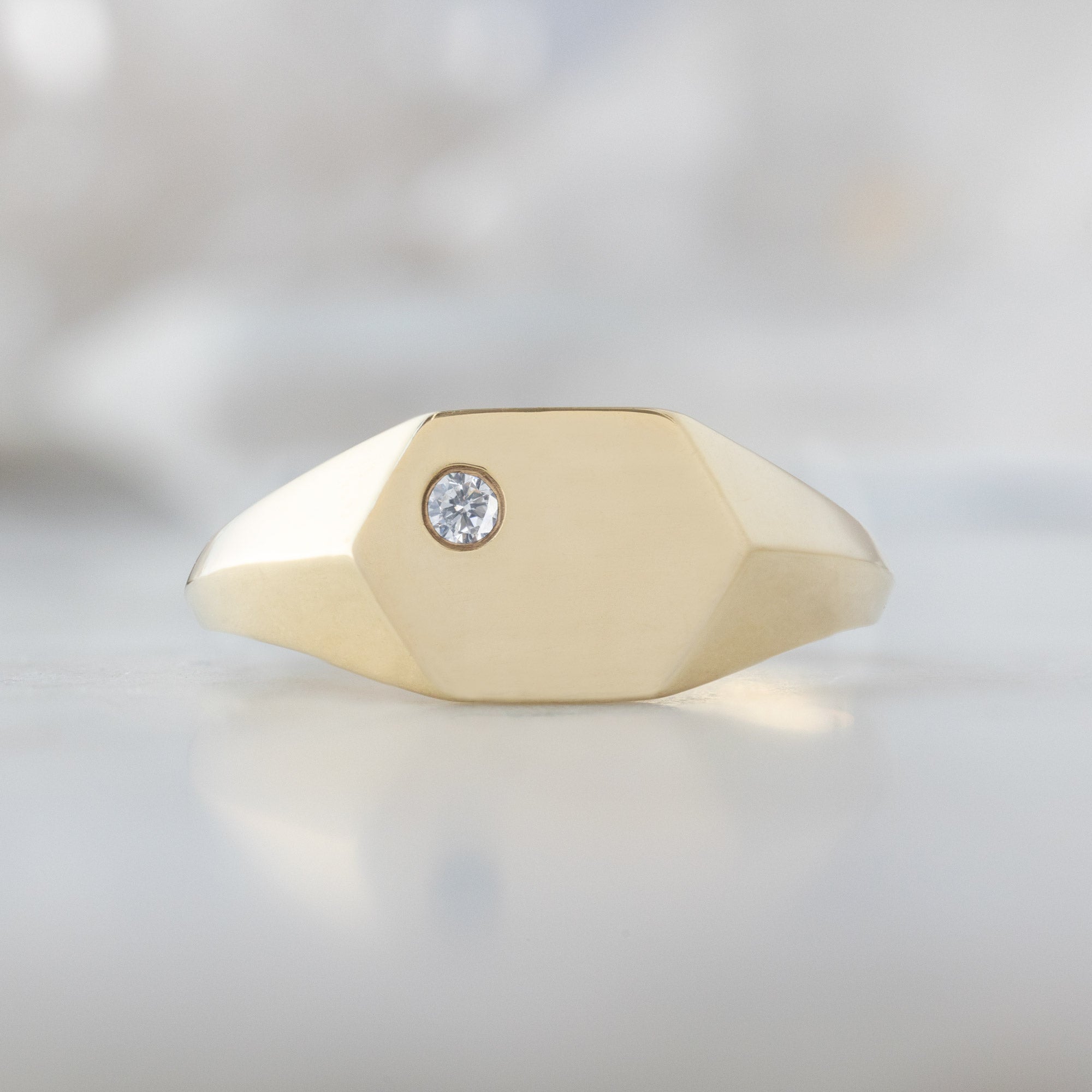 The Hexagon White Diamond Signet Ring | Yellow Gold