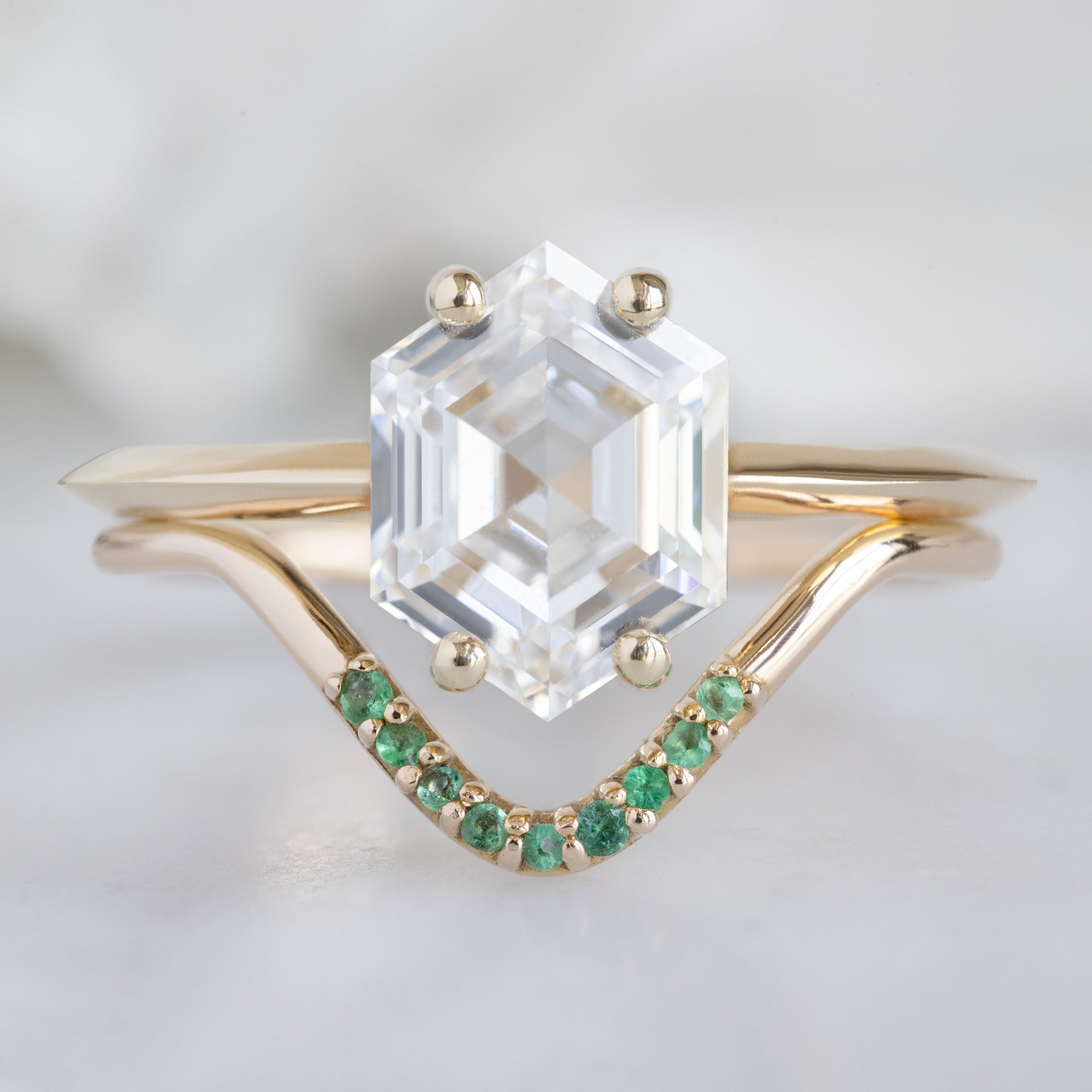 One of a Kind Emerald Pavé Peak Stacking Band in Yellow Gold Stacked with White Diamond Hexagon Engagement Ring