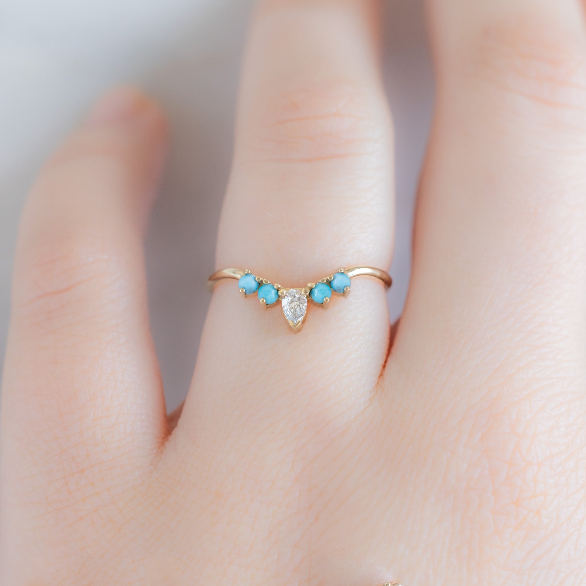 White Diamond + Turquoise 4-Stone Sunburst Stacking Band | Yellow, Rose or White Gold