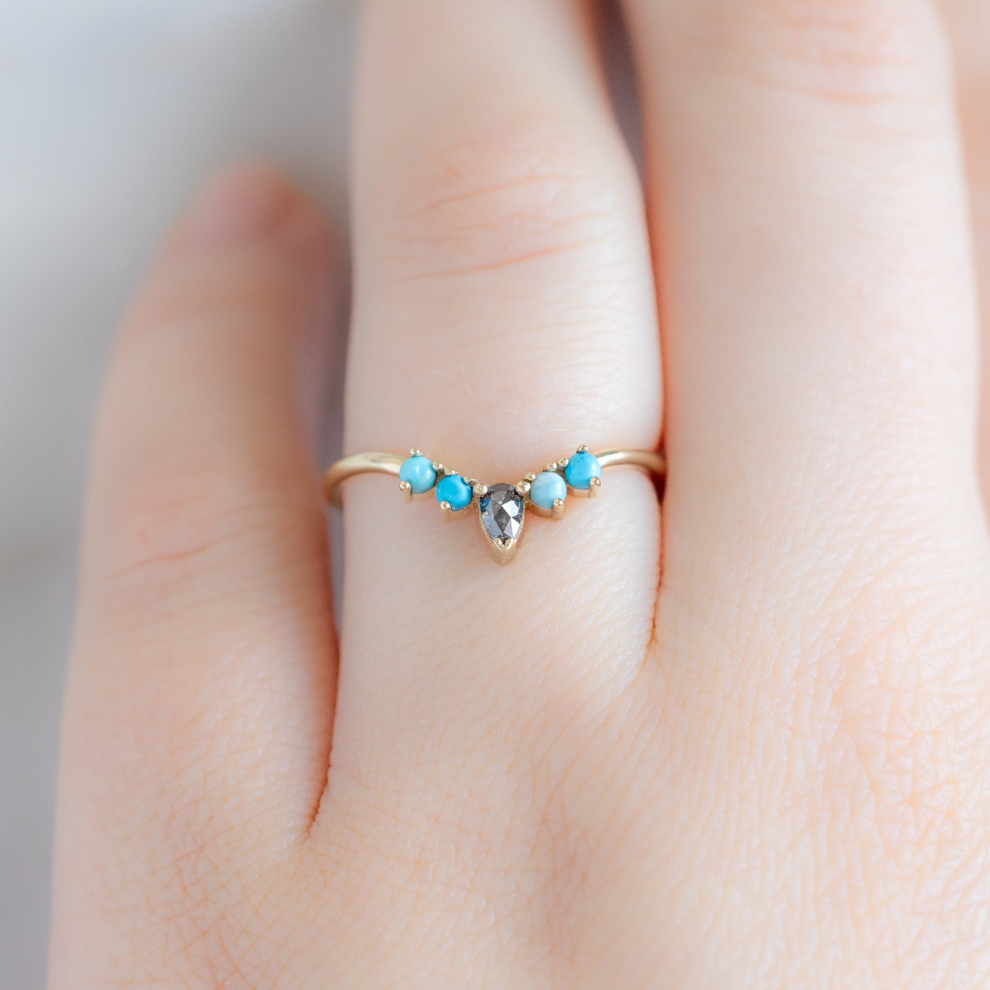 Black Diamond + Turquoise 4-Stone Sunburst Stacking Band | Yellow, Rose or White Gold