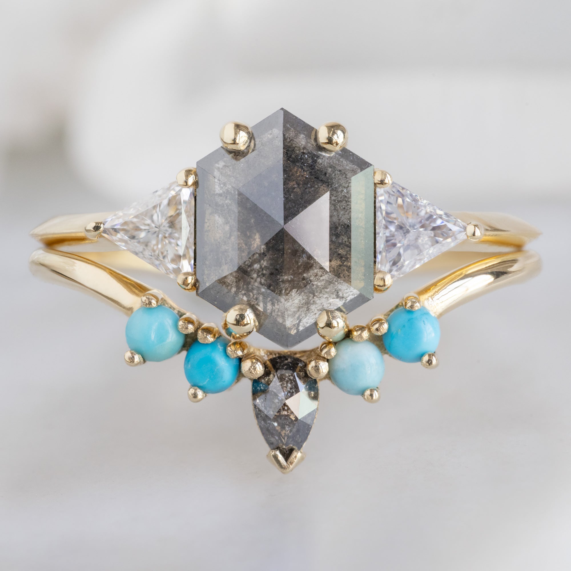 Black Diamond + Turquoise 4-Stone Sunburst Stacking Band | Yellow, Rose or White Gold
