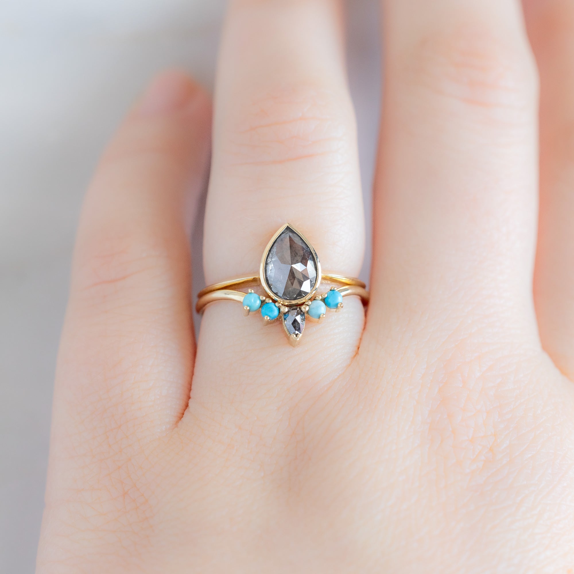 Black Diamond + Turquoise 4-Stone Sunburst Stacking Band | Yellow, Rose or White Gold