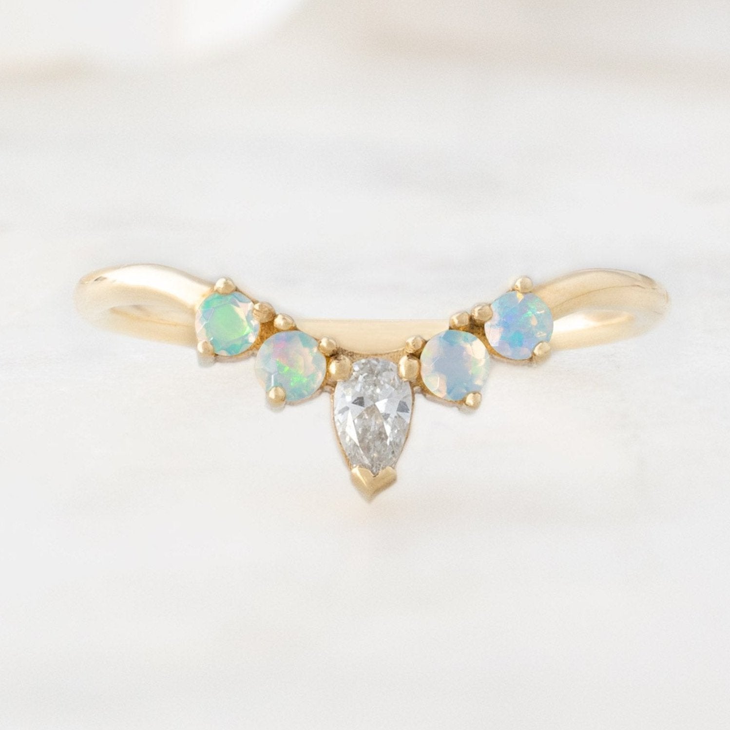 White Diamond + Opal 4-Stone Sunburst Stacking Band | Yellow, Rose or White Gold