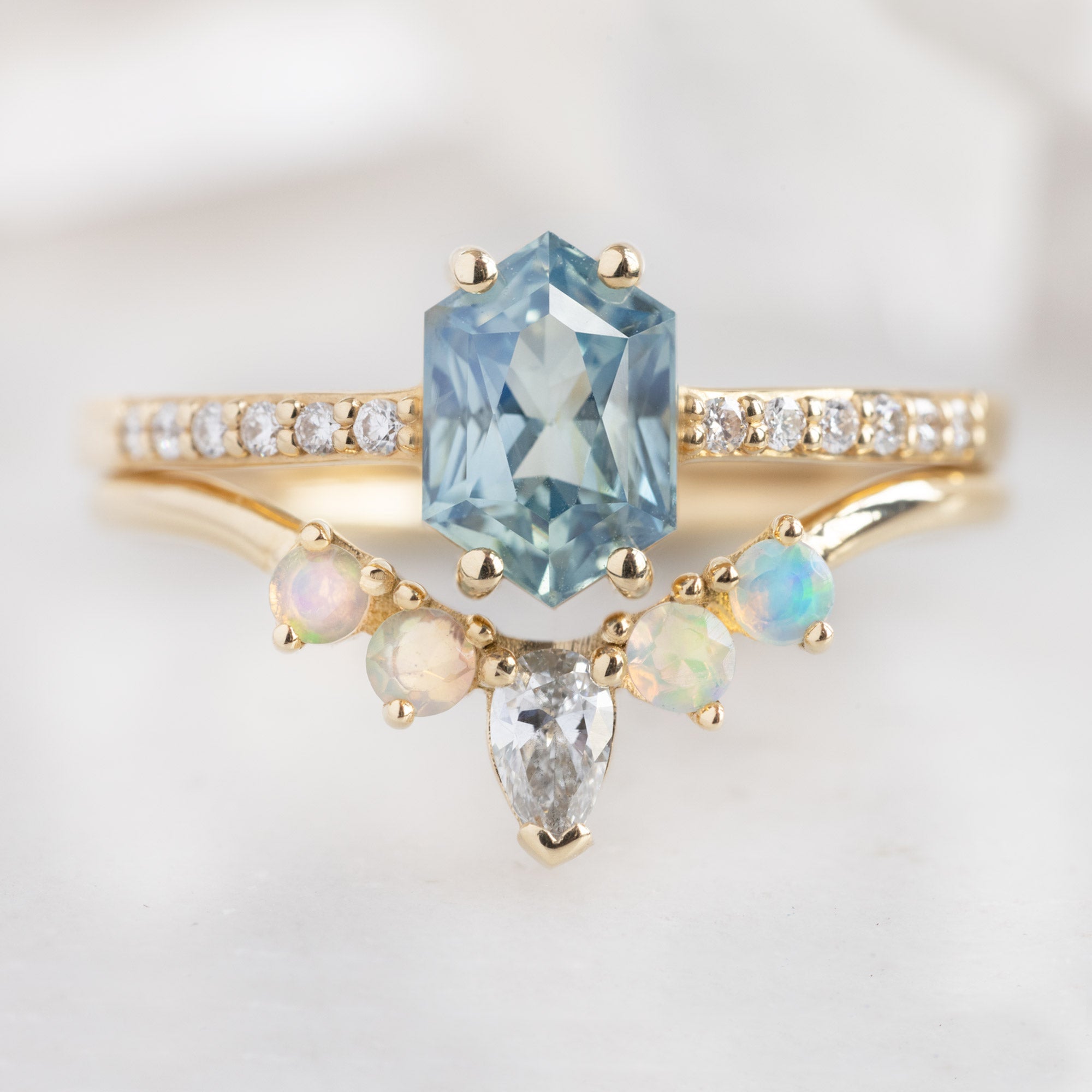White Diamond + Opal 4-Stone Sunburst Stacking Band | Yellow, Rose or White Gold