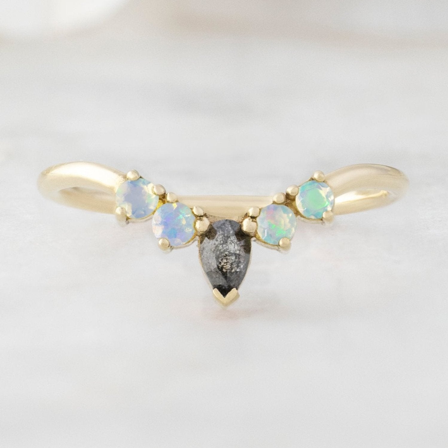Black Diamond + Opal 4-Stone Sunburst Stacking Band | Yellow, Rose or White Gold