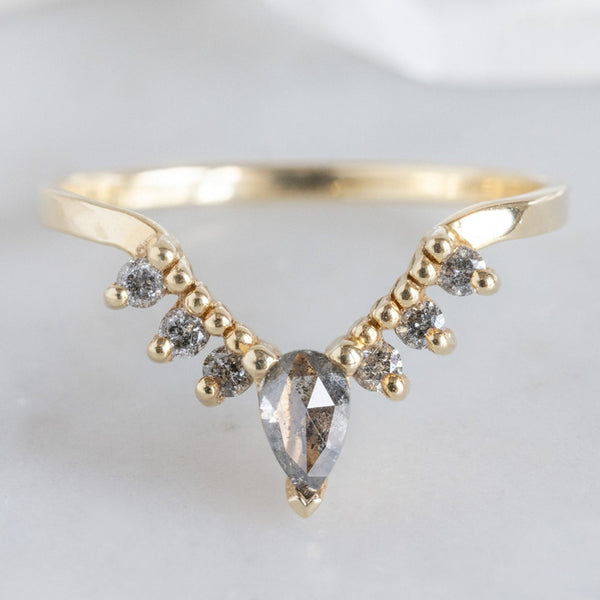 Salt and Pepper Diamond Sunburst Stacking Band in 14K Yellow Gold on White Marble