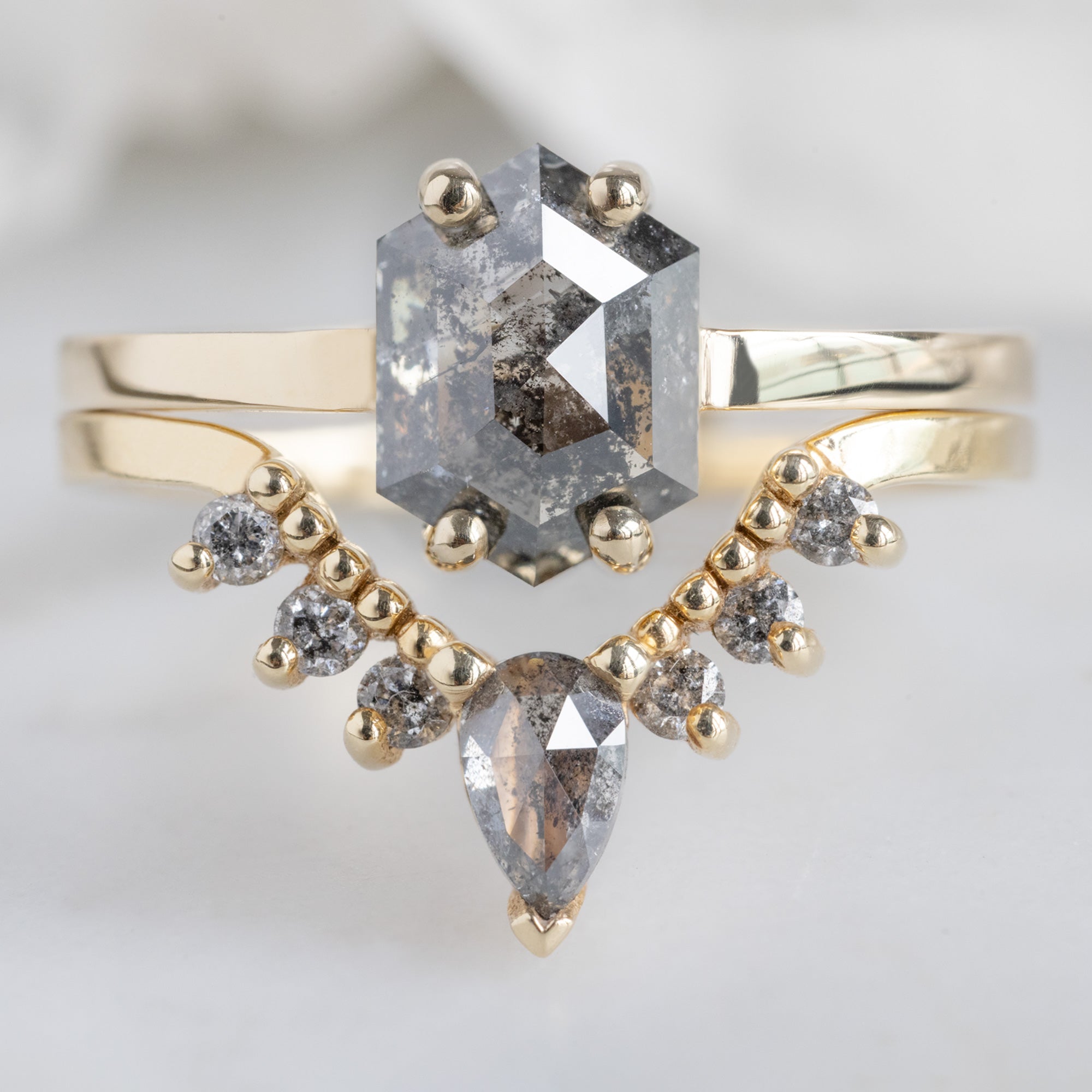 Salt and Pepper Diamond Sunburst Stacking Band | Yellow, Rose or White Gold