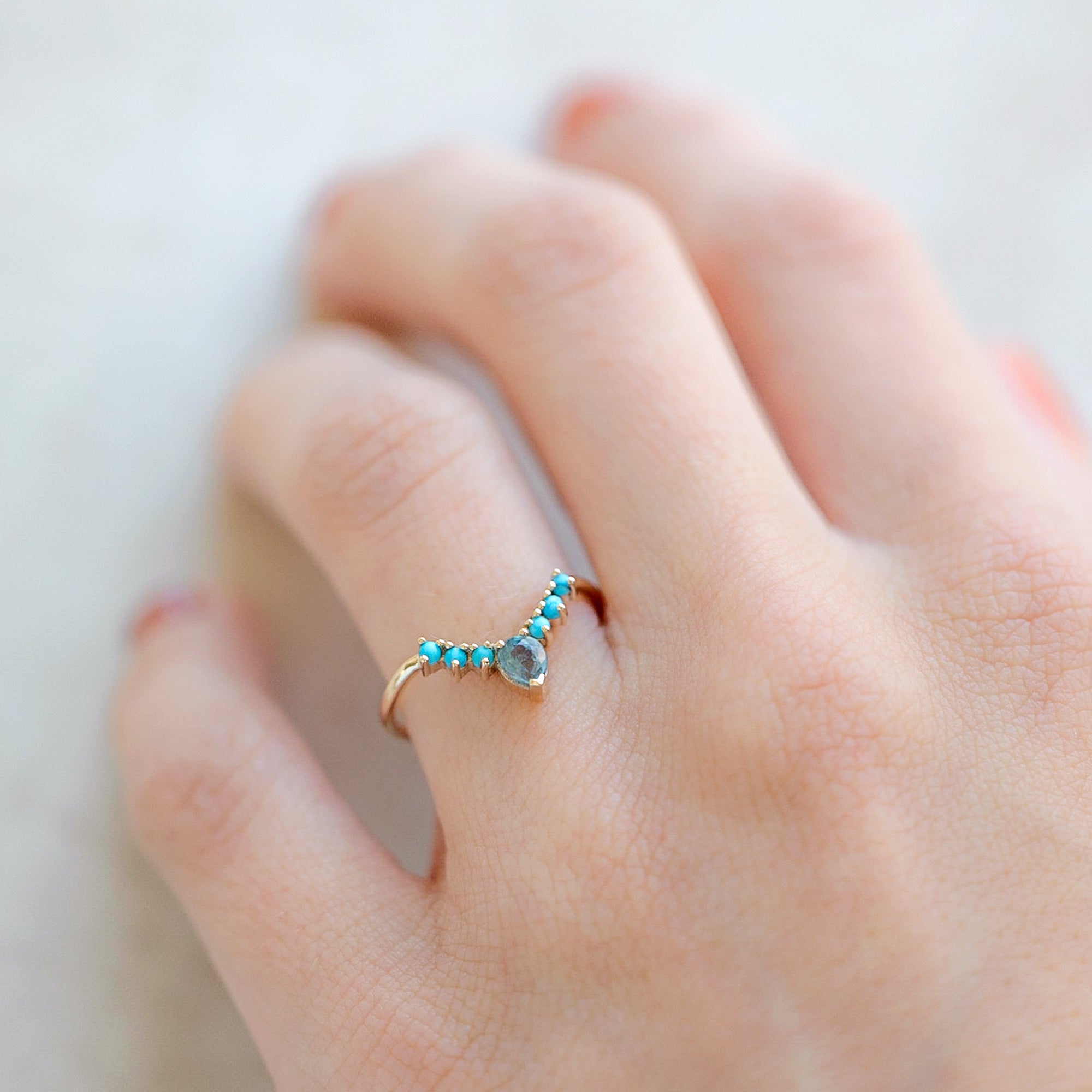 Montana Sapphire and Turquoise Sunburst Stacking Band in 14K Yellow Gold on Model