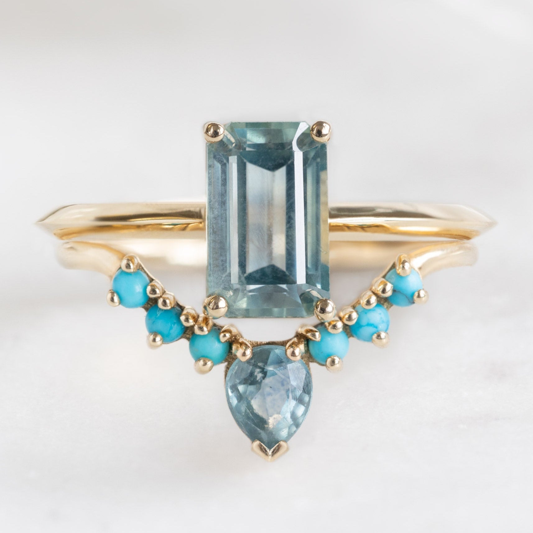 Montana Sapphire and Turquoise Sunburst Stacking Band in 14K Yellow Gold stacked with Emerald-Cut Sapphire Gemstone Engagement Ring